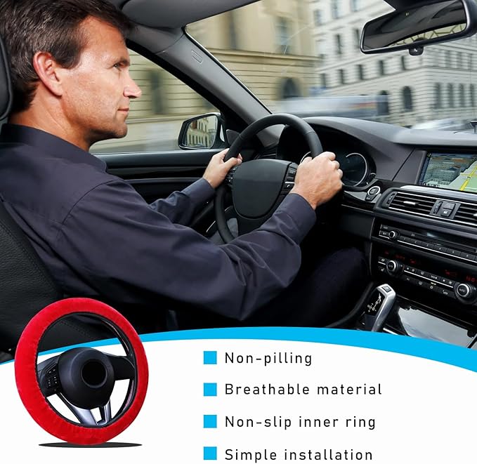 Augeny Fuzzy Car Steering Wheel Cover, Anti-Slip Soft Plush Steering Wheel Protector, 15 Inch Elastic Wheel Covers, Universal Vehicle Interior Winter Warm Accessories for Men Women (Red)