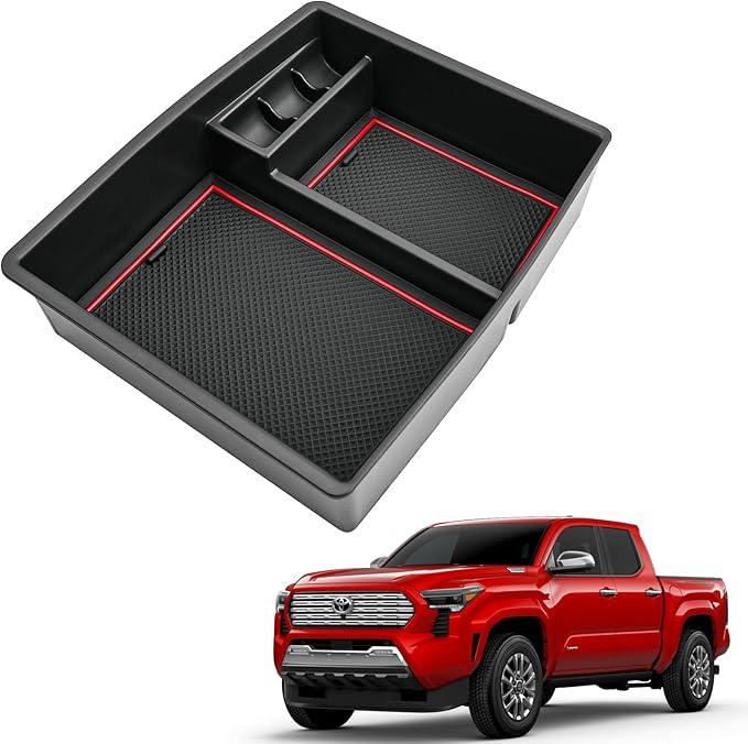 Coleya 2024 2025 2026 Tacoma Center Console Organizer for Toyota Tacoma (All Trims), Durable ABS Plastic&Anti-slip Rubber Console Tray Glove Insert 2026 2025 Tacoma Accessories (with Red Mats)