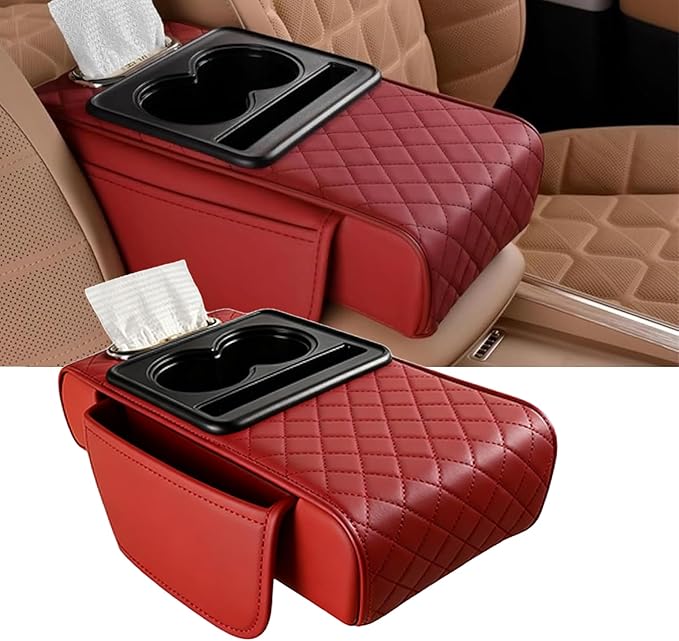 AHFBF Multifunctional Pu Leather Car Armrest Box Mat, Armrest Box Pad for Car, Leather Car Armrest Box Pad with Cup Holders, Car Armrest Box Mat, 5-in-1 Car Center Console Cover (Red)