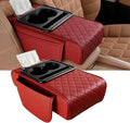 AHFBF Multifunctional Pu Leather Car Armrest Box Mat, Armrest Box Pad for Car, Leather Car Armrest Box Pad with Cup Holders, Car Armrest Box Mat, 5-in-1 Car Center Console Cover (Red)