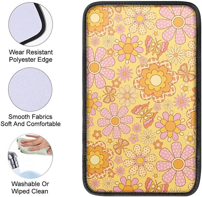 Hippie Flower Center Console Cover Protect from Pet Claws Universal Armrest Cover Pad Easy to Install 12.3 x 7.5 Inch Universal Car Interior Accessories Decoration