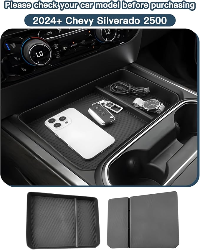 2026 Silverado 2500/3500 Center Console Organizer for Chevy Silverado 2500/3500 Accessories TPE Material Console Tray Compatible with 2024-2026 Chevy Silverado 2500/3500HD(Full Console Bucket Seat)