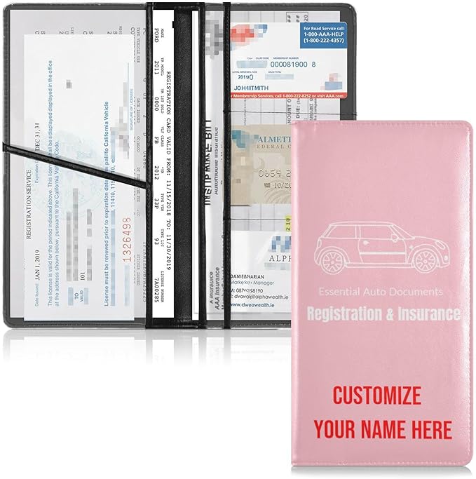 Caihoyu Custom Car Registration and Insurance Card Holder Personalized Leather Glove Box Organize Men Women Wallet Accessories Case for Cards, Essential Document Driver License Pink