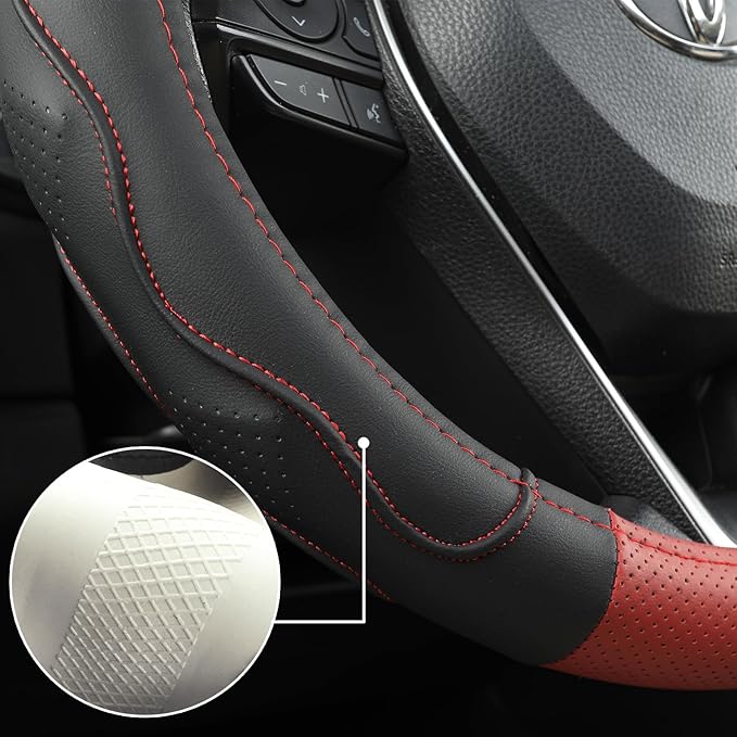 West Llama 3D Texture Steering Wheel Cover for Toyota, Anti-Slip Design, Premium Leather, Custom Fit for 14.5-15 inch, Stylish Interior Decoration(Red+Black-Standard Size)