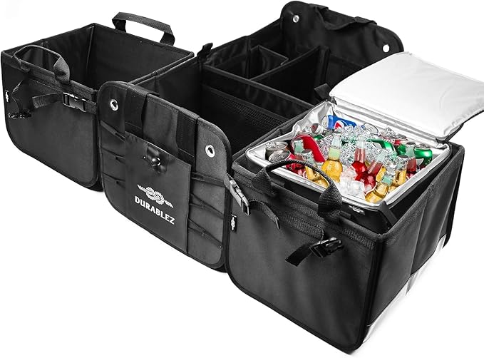 DURABLEZ Trunk Organizer 5-Section Modular XL Car Storage System – Extra Large Cargo Organizer for Car Trunk, Foldable Multi-Compartment Auto Organizer, Heavy Duty Oxford 1680D – Black