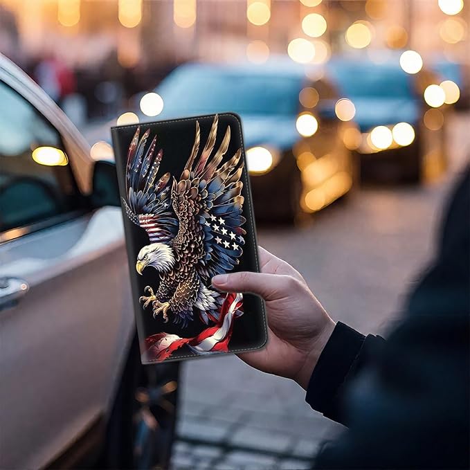 Car Registration and Insurance Card Holder for Women Men, Waterproof PU Leather Glove Box Car Organizer with Magnetic Shut, Vehicle Document Holder for Driver License,Cards, Eagle American Flag