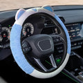 Car Steering Wheel Cover, 15 Inch Fluffy Soft Plush Auto Protector, Anti-Slip Elastic Lovely Car Cover Accessories with Kitty Cat Ears Universal for Most Vehicles (Fluffy-White+Blue)