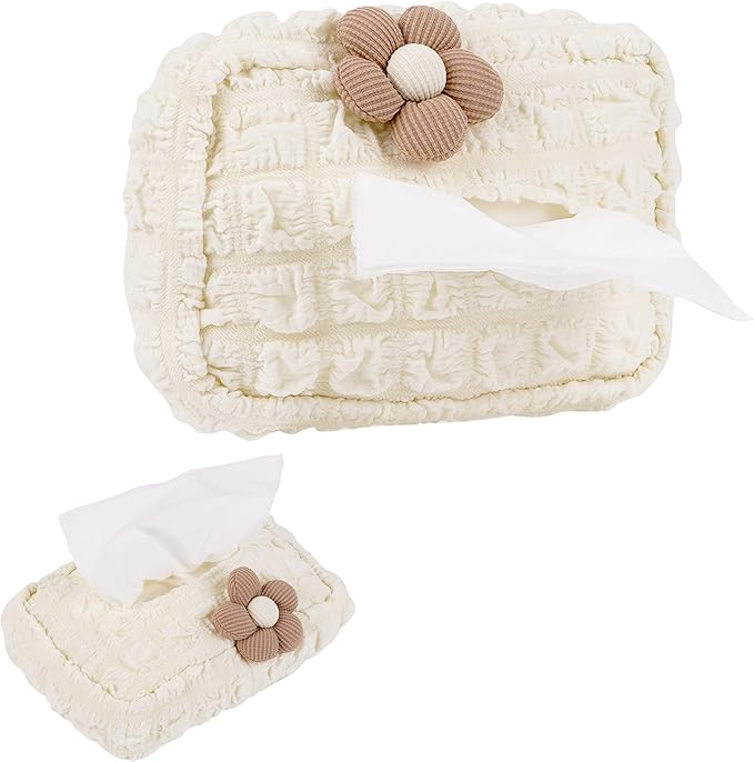 Lace Car Tissue Holder, Cute Flower Napkin Dispenser for Visor & Backseat, Hanging Soft Paper Storage Bag, Aesthetic Car Interior Accessories for Women (Cream White)
