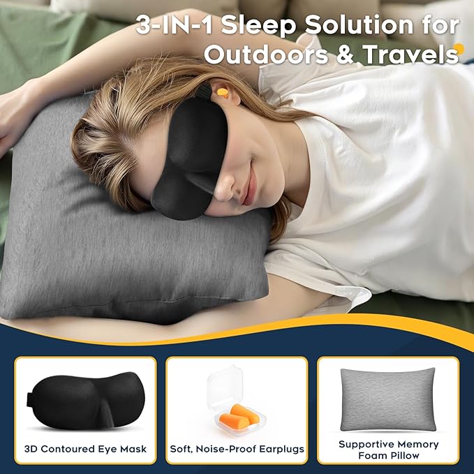 CushyOasis All-in-1 Camping Pillow Set - Shredded Memory Foam Small Travel Neck Pillow for Sleeping with Eye Mask, Earplugs & Washable Cover, Compact for Backpacking, Hiking, Airplane, Car, L Size