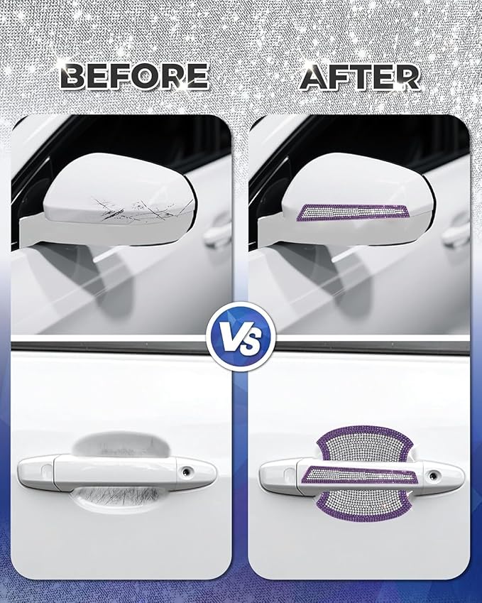 8Pcs Bling Car Door Handle Protector Stickers,Crystal Rhinestone Glitter Car Door Handles Cup Scratch Protectors Decals Universal (Purple White)