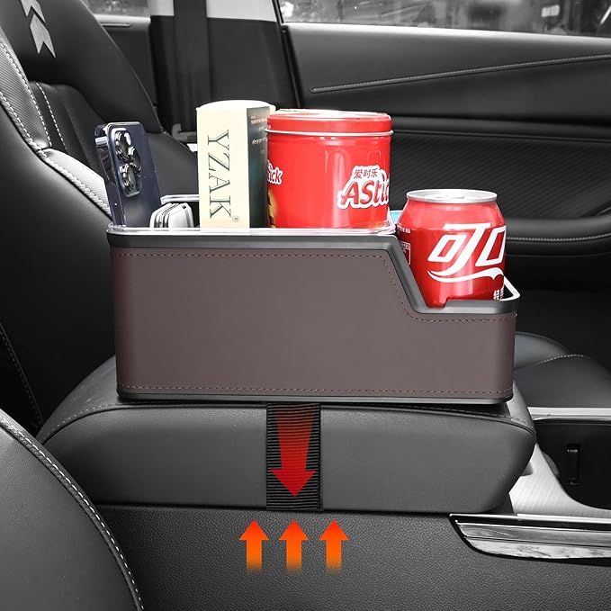 Car Seat Organizer with Phone Holder,Armrest Cup Holder Tray Truck Organizer & Storage Front Seat Organizer Small Car Caddy fit for Car SUVs Pickup Truck Van(Brown)