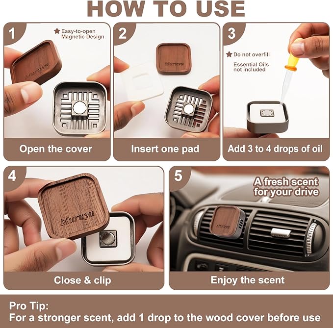 Muruyu Car Diffuser, Walnut Wood & Zinc Alloy with Magnetic Closure, Refillable DIY Scent Personalization, Elegant Car Air Freshener Vent Clips for Gift (Essential Oils Not Included)