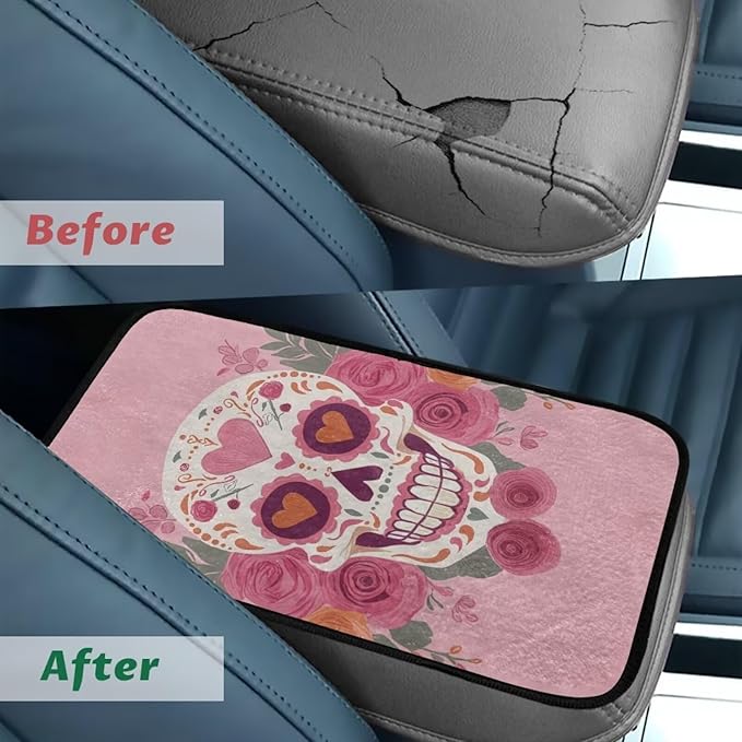 Bulopur Valentine's Day Skeleton Rose Center Console Cover Easy to Install Car Armrest Cushion Flannel Protector Protect from Pet Claws Thickened Universal Fit for Vehicles,Cars,Suvs,Vans,Sedans