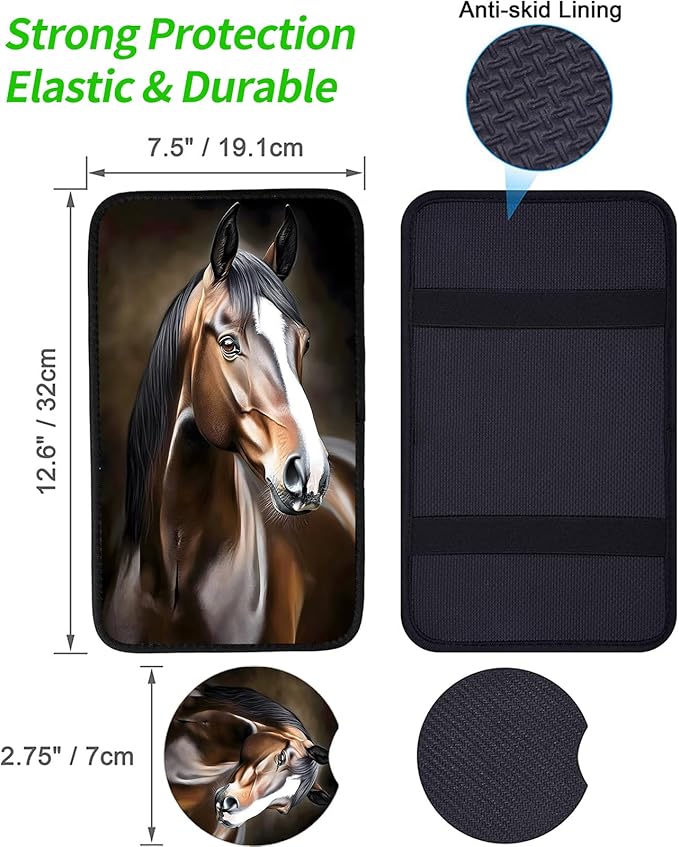 JANENFNA Car Armrest Cover Pads Universal Fashion Cute Auto Center Console Armrest Cover Pad with 2PCS Car Coasters Soft Waterproof Car Armrest Seat Protector for Women,Cute Horse Pattern