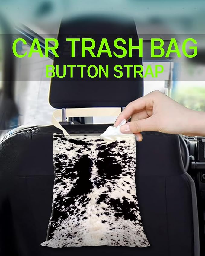 Hanging Car Trash Can Bag - Black & White Cowhide, Retro Design, Back Seat Organizer for Travel, Camping & Vehicle Accessories