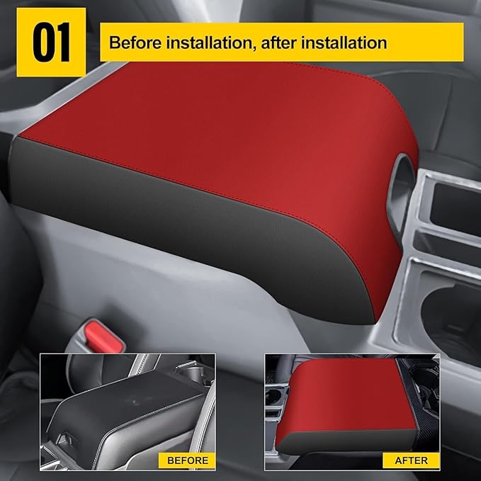 AOMSAZTO Armrest Covers for Ford F150 2015-2020/ F250 F350 F450 2017-2022 and Expedition 2018-2023,(Bucket Seat Only Black with Red Leather