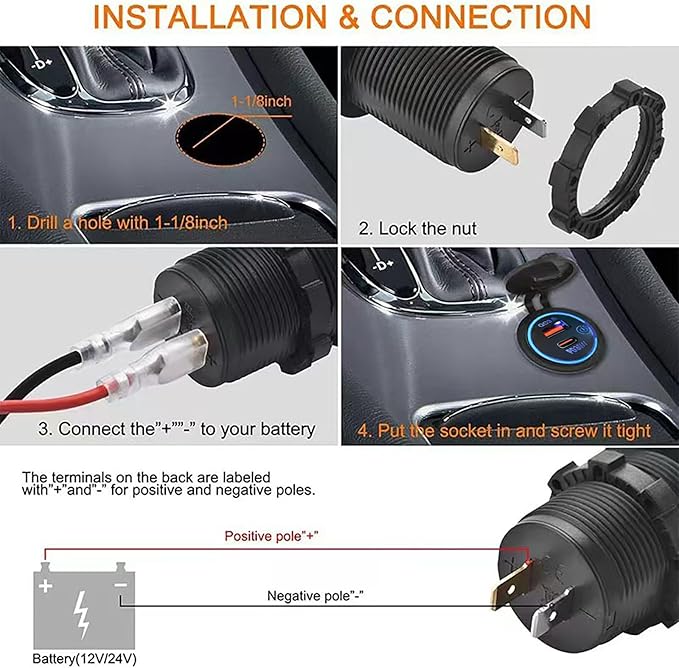 USB C Car Charger Socket - Fast Charging 12V/24V Adapter with Quick Charge 3.0 & Power Delivery Multi-Port Car USB Charger Plug Compatible with iPhone 7/8/9/10/11/12/13/14/15/16, Android (Blue)