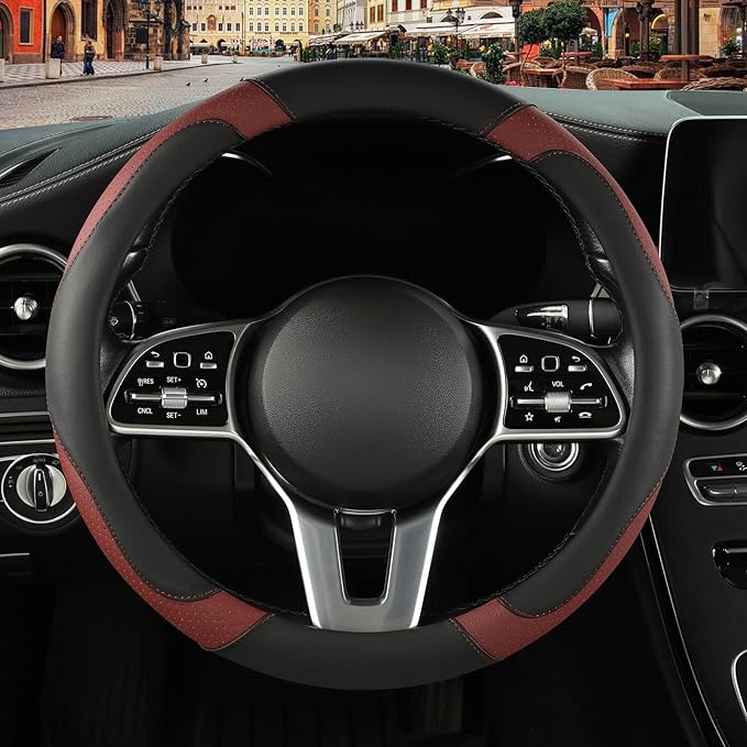 Binsheo Microfiber Leather Steering Wheel Cover, Breathable, Anti Slip, Universal 15 inch, Black with Burgundy