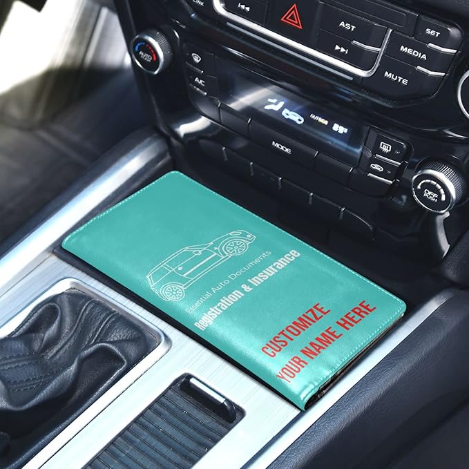 Custom Car Registration and Insurance Card Holder Personalized Leather Glove Box Organize Men Women Wallet Accessories Case for Cards, Essential Document Driver License Turquoise
