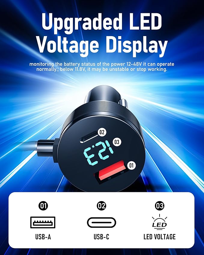 Starlink Mini Car Adapter, 12V-24V Car Charger with USB-C & USB-A Ports, 3-in-1 Aluminum Alloy Power Cable, Waterproof 10FT Cord with LED Voltage Display, Starlink Mini Accessories