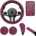 Pink Leopard Print Steering Wheel Covers Set for Women Car Interior Decor Cup Coaster Handbrake Cover Suit for Most Cars Truck Vans SUV-6 Pcs