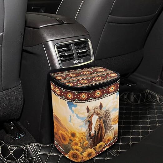 Aztec Horse Sunflower Car Trash Can Hanging Leak Proof Trash Bin Hanging for Back/Front/Console of Cars,Horse Car Accessories for Women Men