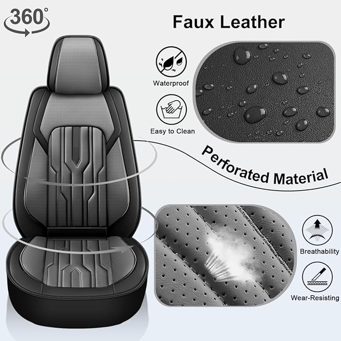 YORKENIC Fit for Volvo S60 Seat Covers Front Set 2001-2019: Breathable Leather Car Seat Covers Compatible Airbag (2 Front Set, Black & Grey)