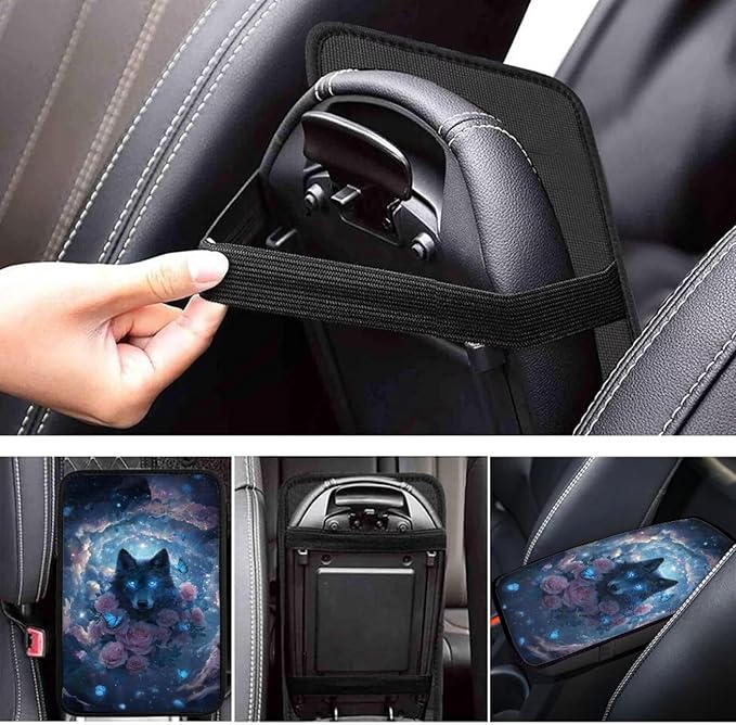 Wolf Rose Print Car Arm Rest Cover Pad Dust-Proof Anti-Slip Center Console Cushion Pad Universal Car Interior Decor Accessories for Truck Sedan SUV, Easy to Install