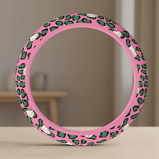 Cute Steering Wheel Cover for Women, Machine Washable Universal 14.5-15.5 inch Non-Slip Grip All Weather Use (Pink Green Leopard Cats)
