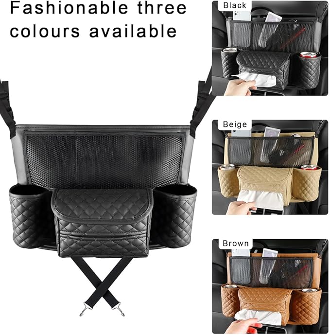 Car Purse Holder Between Seats, Luxury Leather Front Seat Back Handbag Organizer with Tissue Box Cup Holders, Auto Large Capacity Multi Pocket Purse Holder Hanging Storage Bag (Black)