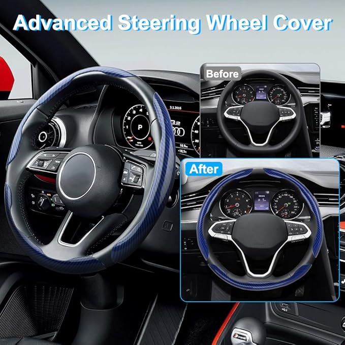 Carbon Fiber Steering Wheel Cover 3PCS, Non-Slip Grip for Universal Cars,Fit for 14–16 Inch Wheels, Interior Accessories for Cars Trucks (Blue)