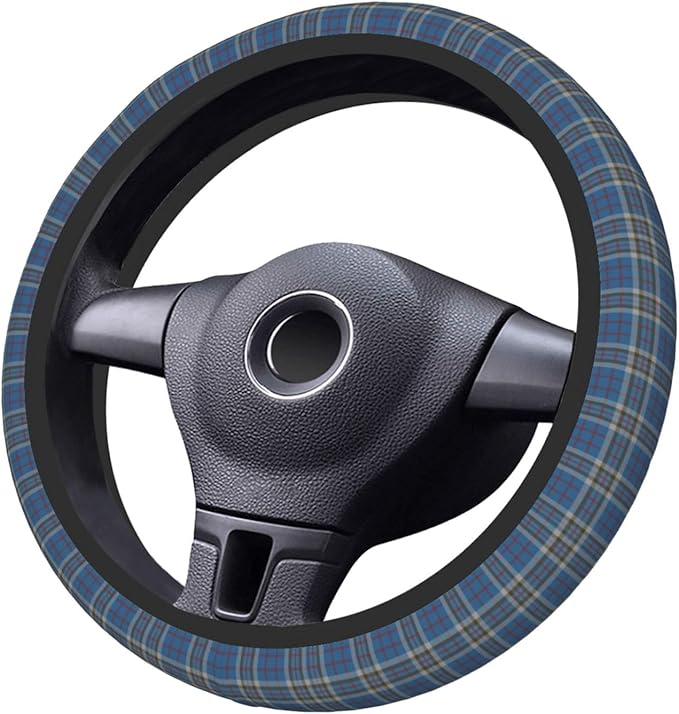 Thickened Elastic Steering Wheel Cover, Plaid Clan Thompson Grey Blue Check Tartan Ultra, Soft, Breathable, Fit for Cars, SUVs, Trucks, Stylish Comfortable Grip