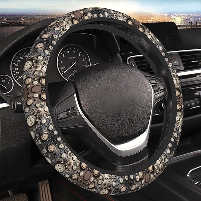 Neoprene Steering Wheel Cover Wall Clock Alarm Clock Seconds Car Steering Wheel Cover Universal Fit for Most Cars