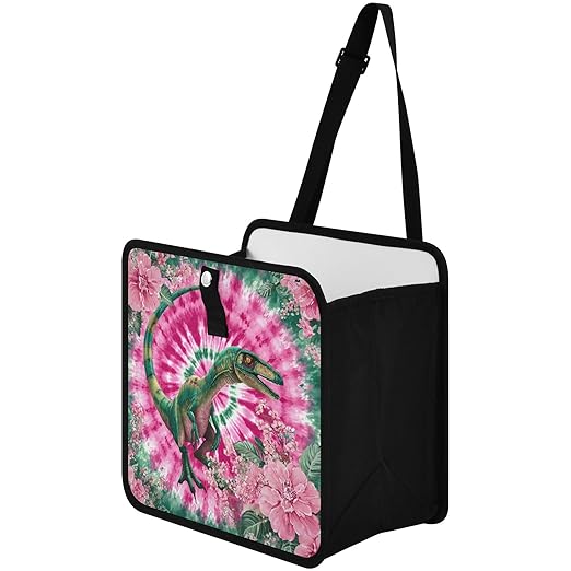 Car Trash Can Organizer Bin with Adjustable Strap for Back Front Seat Console Waterproof Leakproof Collapsible Portable 11 Inch Tie Dye Dinosaur Pink Green