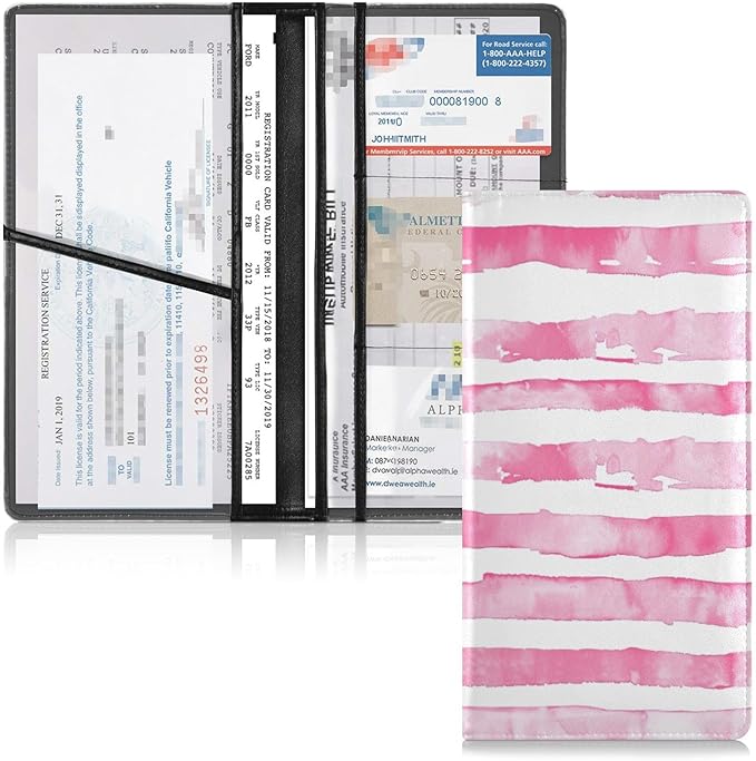 Qilmy Simple Solid Color Stripes Car Registration and Insurance Holder, Premium Pu Leather Vehicle Glove Box Organizer, Prefect Car Essentials Wallet for Driver License, Cards & Essential Documents789