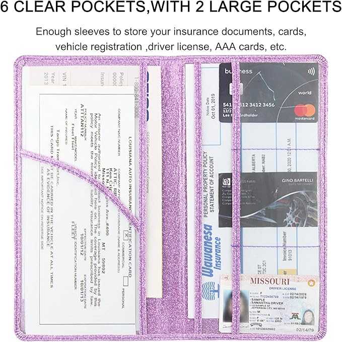Car Registration and Insurance Holder, Premium Leather Insurance and Registration Holder,vehicle Glove Box Car Organizer, with Magnetic Shut for Cards, Driver License (Glitter Purple)