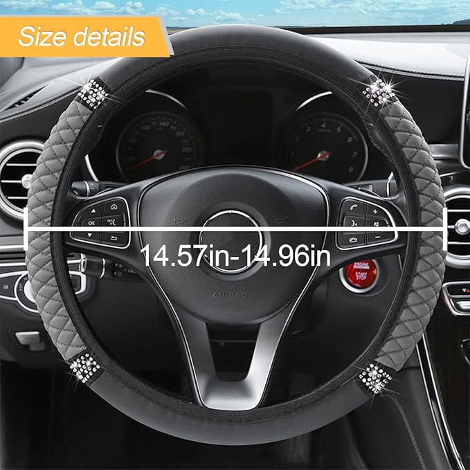 Leather Car Steering Wheel Cover, 15 Inch Colorful Rhinestones Elastic Auto Steering Wheel Protector, Bling Steering Wheel Cover for Women Men, Car Accessories for Cars, Vehicles, SUVs (Gray)