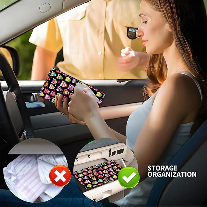 ADUQLZUX Leather Car Registration and Insurance Card Holder, Cute Car Accessories Vehicle Glove Box Car Organizer for Documents, Cards, License Cute Colorful Owls