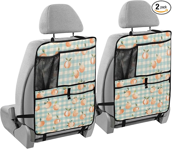 2 Pack Back Seat Car Organizer with Storage Pockets Kick Mats Back Seat Protector Hanging Car Organizer Automotive Seat Back Cover Organizers Peaches Plaid Vacation Style Blue