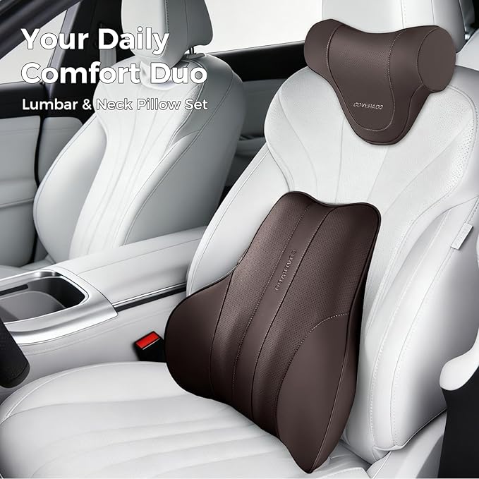 Coverado Car Headrest Pillow, Ergonomic Memory Foam Car Neck Pillow for Driving Seat with Adjustable Strap, Soft PU Leather Breathable Removable Cover Neck Support for Neck Pain Relief