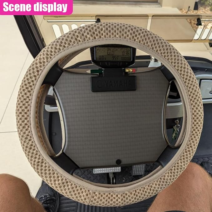 Elastic Stretch Steering Wheel Cover, Anti-Slip 15 inch Microfiber Odorless Breathable Ice Silk Car Steering Wheel Protector, Easy Carry, Warm in Winter & Cool in Summer (Beige)