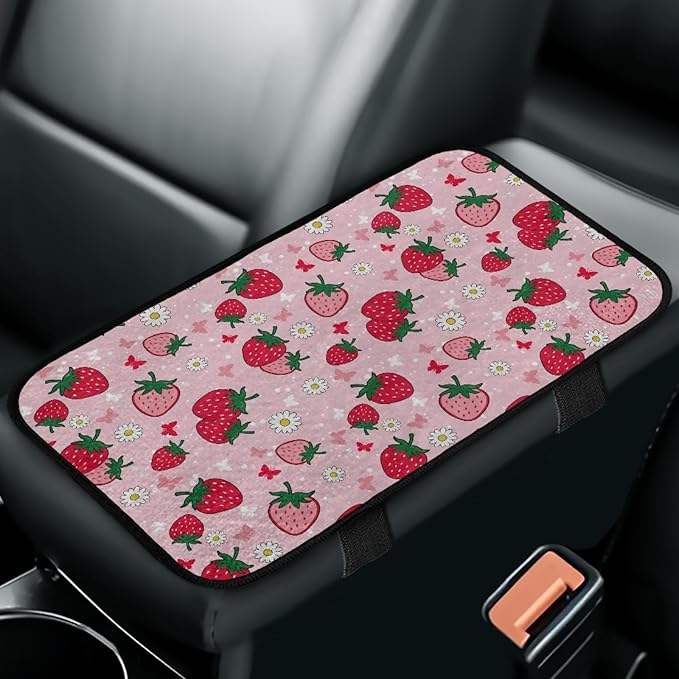 CLOHOMIN Strawberry Center Console Cover for Car Sedan Van Flower Car Center Console Cushion Pad Flannel Auto Armrest Cover Accessories