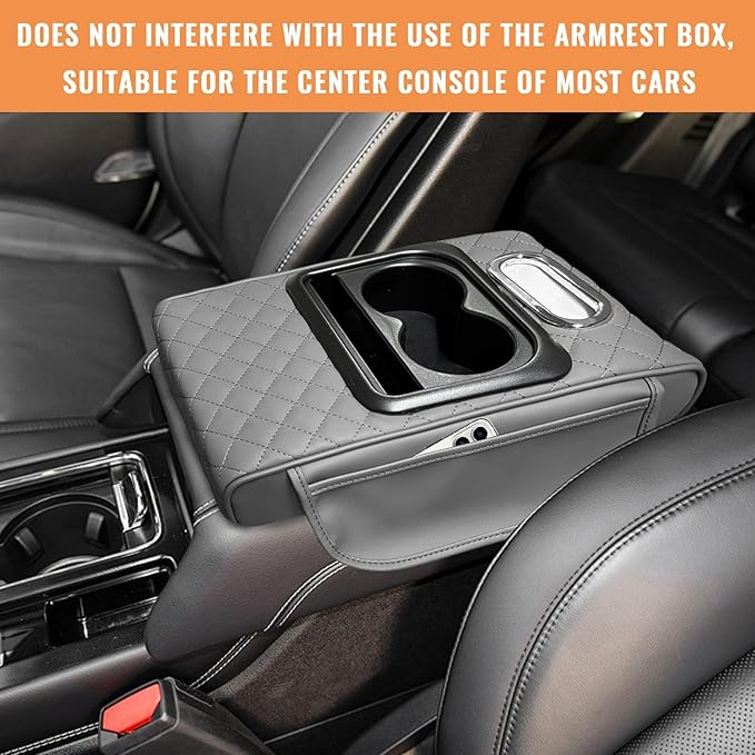 Car Center Console Armrest Pillow, 5-in-1 Armrest Cushion w/ 2 Side Bags, Tissue Box Slot, Cup & Phone Holder, Multifunctional Leather Auto Arm Rest Cover Storage Organizer (Gray, Embroidered)