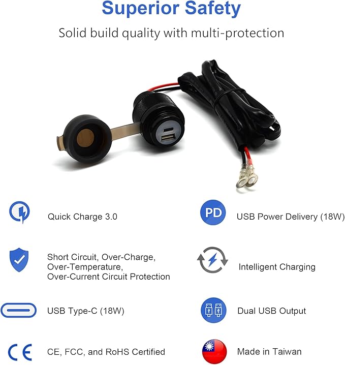 Cliff Top 12v USB Outlet 12V USB Charger RV USB Outlet 12V Outlet 36W PD USB-C and QC 3.0 Magnetic Switch Surface Mount USB Port Marine USB Outlet Waterproof - Prevent Battery Drain-Black