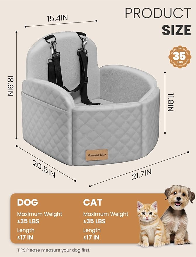 Mavora Max Dog Car Seat for Small/Medium Dogs, Elevated Dog Booster Seat Memory Foam Puppy Car Seat with Washable Cover, Travel Safety Pet Seat for Car with Storage Pockets Up to 35 lbs (Grey)
