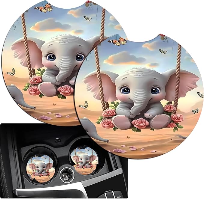 JANENFNA Car Armrest Cover Pads Universal Fashion Cute Auto Center Console Armrest Cover Pad with 2PCS Car Coasters Soft Waterproof Car Armrest Seat Protector for Women,Baby Elephant on Swing-A