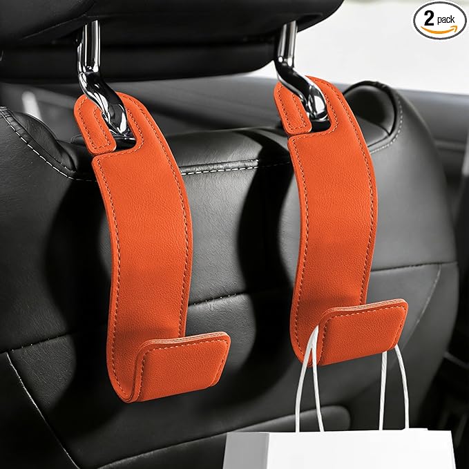 2PCS Purse Holder for Car, Purse Hook for Car, Leather Headrest Hooks for Automotive Back Seat, Auto Accessories Back Seat Organizer Hook for Grocery Bag Handbag Coat (Orange, 2PCS)