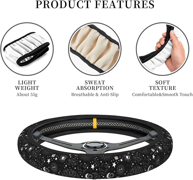Black Space Galaxy Sun Auto Car Moon Steering Wheel Cover Universal 15 Inch Neoprene Interior Decor Protection Accessories