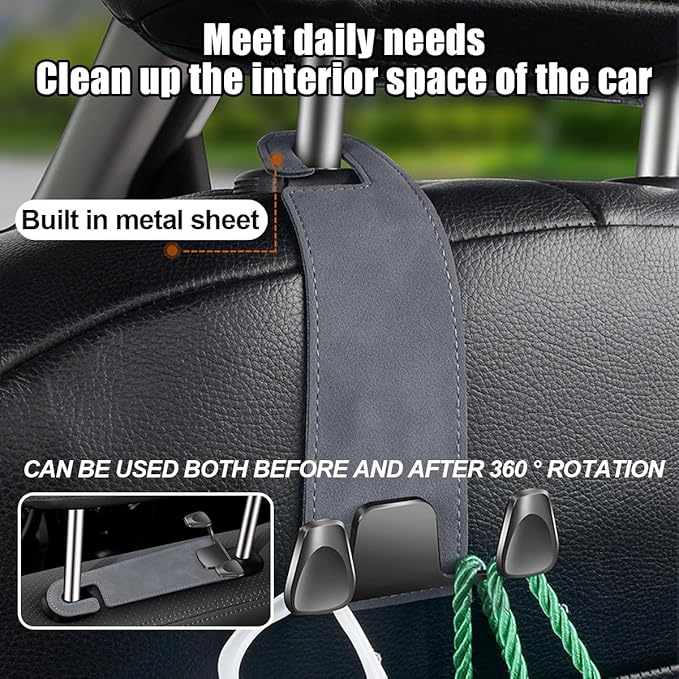 Car Seat Headrest Hook, 2PCS Leather & Metal Double Hook Vehicle Back Seat Hanger Holder for Phone Handbag Purse, Automobile Storage Organizer, Universal for Van Truck Sedan (Black)