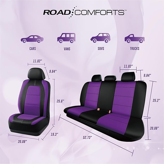 Road Comforts Car Seat Cover, Leather Car Seat Cover Full Set, Automotive Seat Covers, Airbag Compatible Universal Fit for Most Cars (Purple)